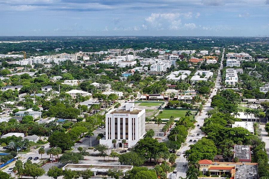 Aerial view of downtown Delray Beach looking toward the ocean