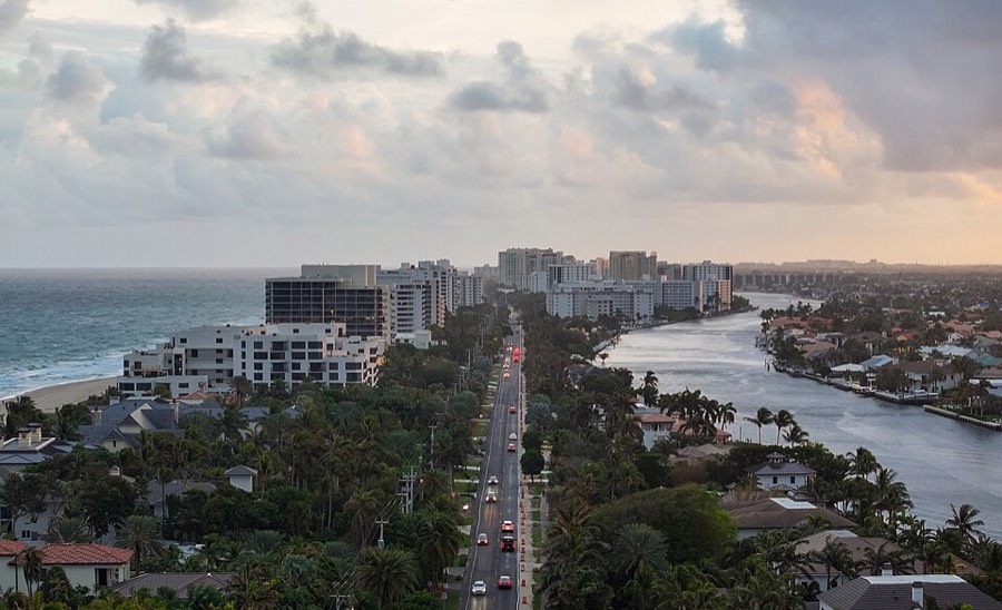 Highland Beach condos along A1A between the ocean and the Intracoastal at dusk